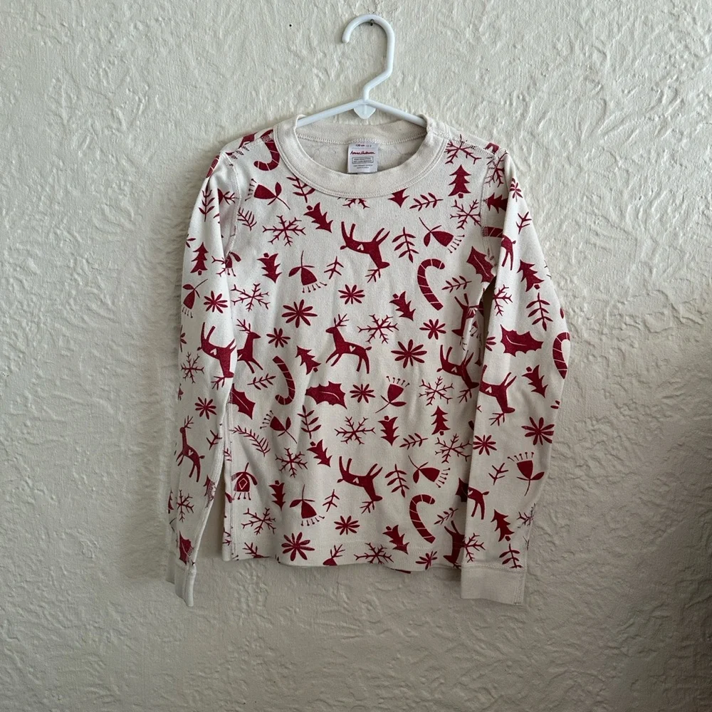 Hanna Andersson Long John Pajama Top Scandi Deer Ivory Red Winter Pattern Kids 8